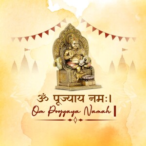 Image of Lord Ganesha seated on a throne with festive decorations and text 'Om Poojyaya Namah'