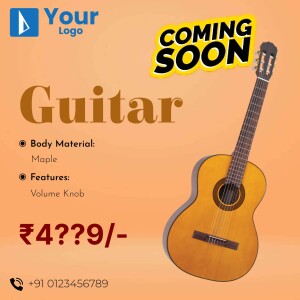Image of a classical guitar with 'Coming Soon' text and price details.