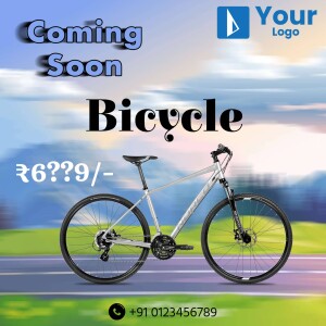 Image of a silver and black bicycle with a 'Coming Soon' announcement and price.