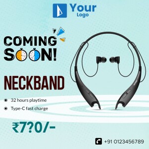 Image of black neckband headphones with 'Coming Soon!' text and product features.