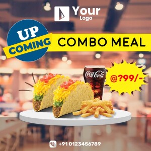 Image of a combo meal including tacos, fries, and a Coca-Cola drink with a promotional price.