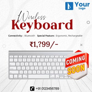 Image of a silver wireless keyboard with a 'Coming Soon' banner and price details.