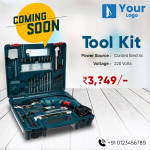 Bosch Tool Kit with drill and accessories in a teal case, announcing 'Coming Soon'