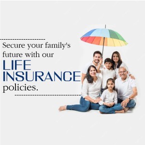 A happy family under an umbrella with life insurance text overlay.