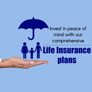 Hand holding a family silhouette under an umbrella with the text 'Invest in peace of mind with our comprehensive Life Insurance plans'