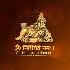 Golden statue of Lord Kubera with text 'Om Nidhive Namah'