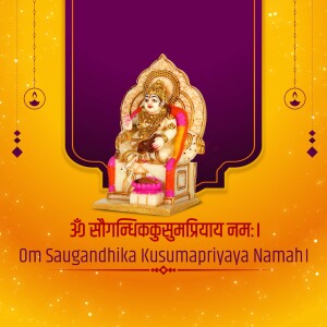 Image of Lord Kushmapriya seated on a throne with floral decorations and a golden background.