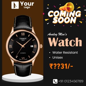 Image of a Tissot analog men's watch with a black leather strap, announcing its upcoming availability.