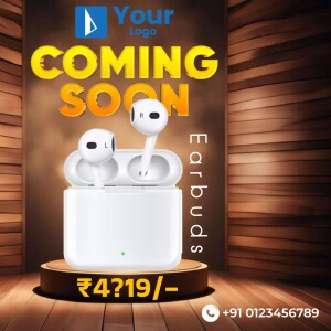White wireless earbuds in charging case with 'Coming Soon' text and price.