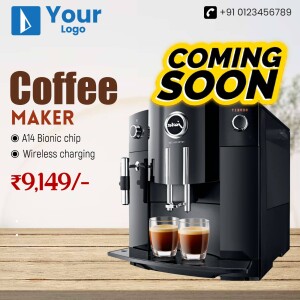 Advertisement for a new coffee maker with price and features.