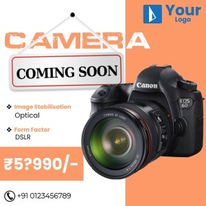 Image of a Canon DSLR camera with a 'Coming Soon' banner and price tag.