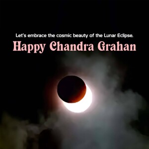 Lunar eclipse with text 'Happy Chandra Grahan'