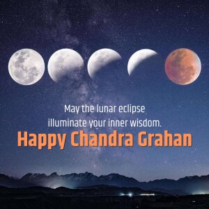 Phases of the moon during a lunar eclipse with text wishing a Happy Chandra Grahan