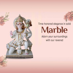 White marble statue of Lord Hanuman with floral decorations
