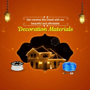 Diwali decorations featuring a house with lights, fairy lights, and a festive background.