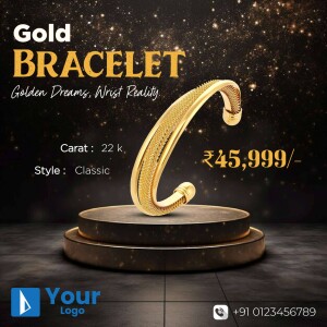 Close-up of a 22K gold bracelet on a pedestal with price and details.