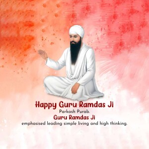 Portrait of Guru Ramdas Ji with a red and white watercolor background and text wishing 'Happy Guru Ramdas Ji'