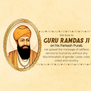 Portrait of Guru Ramdas Ji with text commemorating his Parkash Purab