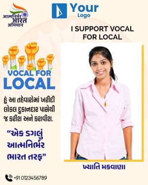 Image promoting the Vocal for Local initiative with a woman and Indian flag colors.