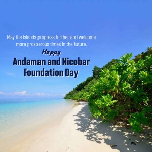 Scenic beach view with text celebrating Andaman and Nicobar Foundation Day