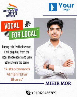Image promoting the Vocal for Local campaign with a young man and the Atmanirbhar Bharat logo.