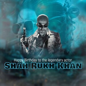 Shah Rukh Khan in a stylized action pose with a gun, celebrating his birthday.