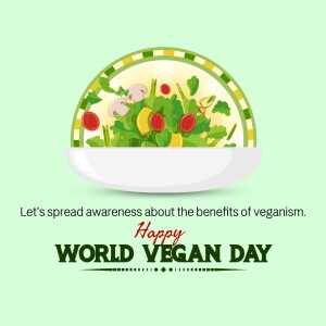 A bowl of fresh vegan salad with the text 'Happy World Vegan Day'