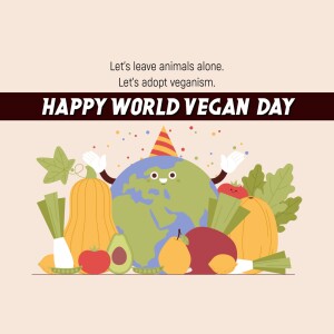Illustration of Earth surrounded by vegetables and fruits with a party hat, celebrating World Vegan Day.