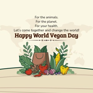 Illustration for World Vegan Day featuring vegetables, fruits, and a shopping bag.