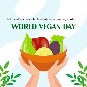 Illustration of hands holding a bowl of fresh vegetables with the text 'World Vegan Day'