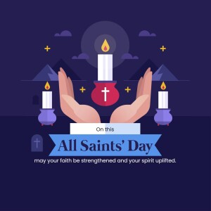 Illustration depicting hands holding candles and a cross with a banner reading 'All Saints' Day'