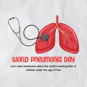 Illustration of lungs with a stethoscope and text promoting World Pneumonia Day