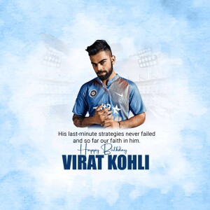 Virat Kohli birthday wish with a blue background and inspirational quote.