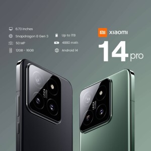 Xiaomi 14 Pro smartphone in black and green colors with key specifications.