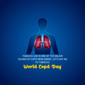 Illustration of lungs within a human silhouette with text promoting World COPD Day and anti-tobacco message.