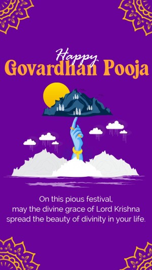 Govardhan Pooja greeting with Lord Krishna lifting Govardhan hill