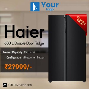 Haier 630L Double Door Refrigerator advertisement with price and features.