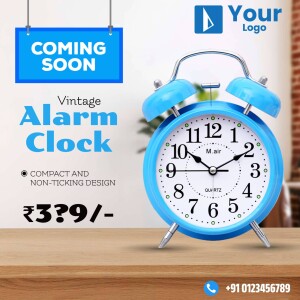 Blue vintage alarm clock with 'Coming Soon' banner