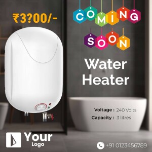 White water heater against a bathroom tile background with 'Coming Soon' text.