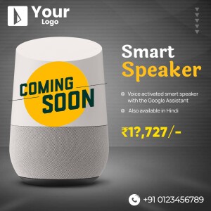 Image of a smart speaker with a 'Coming Soon' announcement.