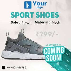 Grey and white sport shoes with price and coming soon banner