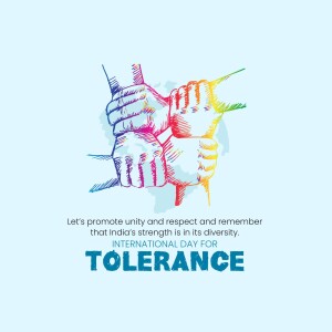 Hands of different colors joining together with the text 'Let's promote unity and respect' and 'Tolerance'