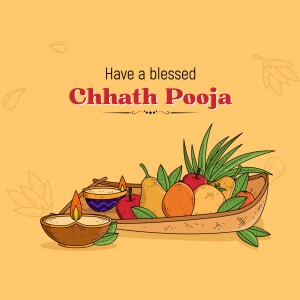 Illustration of Chhath Puja offerings with fruits, sweets, and diya.
