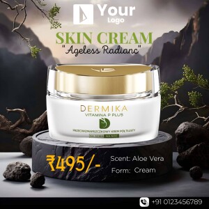 Close-up of Dermika Vitamin P Plus skin cream jar with price and details.