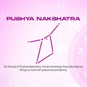 Image depicting the Pushya Nakshatra constellation with text about its divine energy.