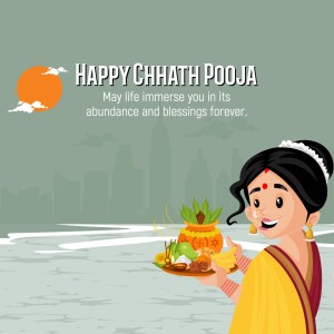 Illustration of a woman offering prayers during Chhath Puja