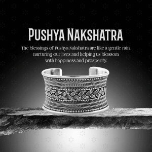Silver bracelet with intricate design on a wooden surface, with text 'Pushya Nakshatra'