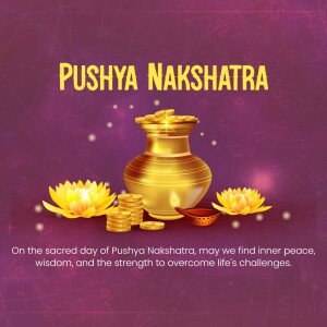 Image depicting Pushya Nakshatra with a golden pot, lotus flowers, and coins.