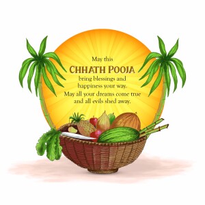 Chhath Puja greeting with fruits and traditional offerings