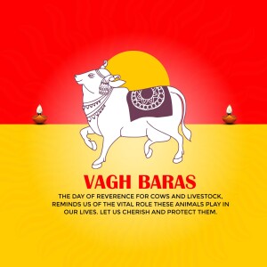 Illustration of a white cow with a yellow background and oil lamps, celebrating Vagh Baras.